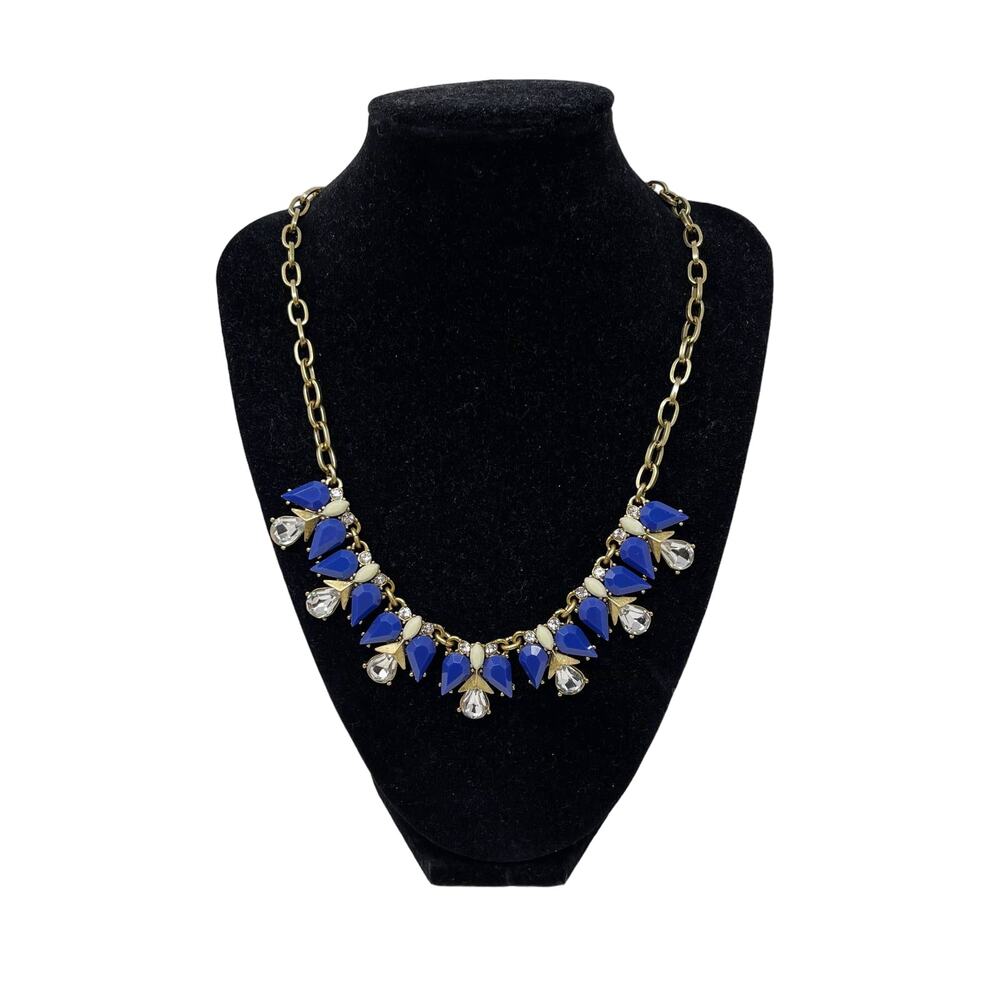 J Crew Blue Rhinestone Bib Statement Necklace Gold Tone Chainlink Gem Stones